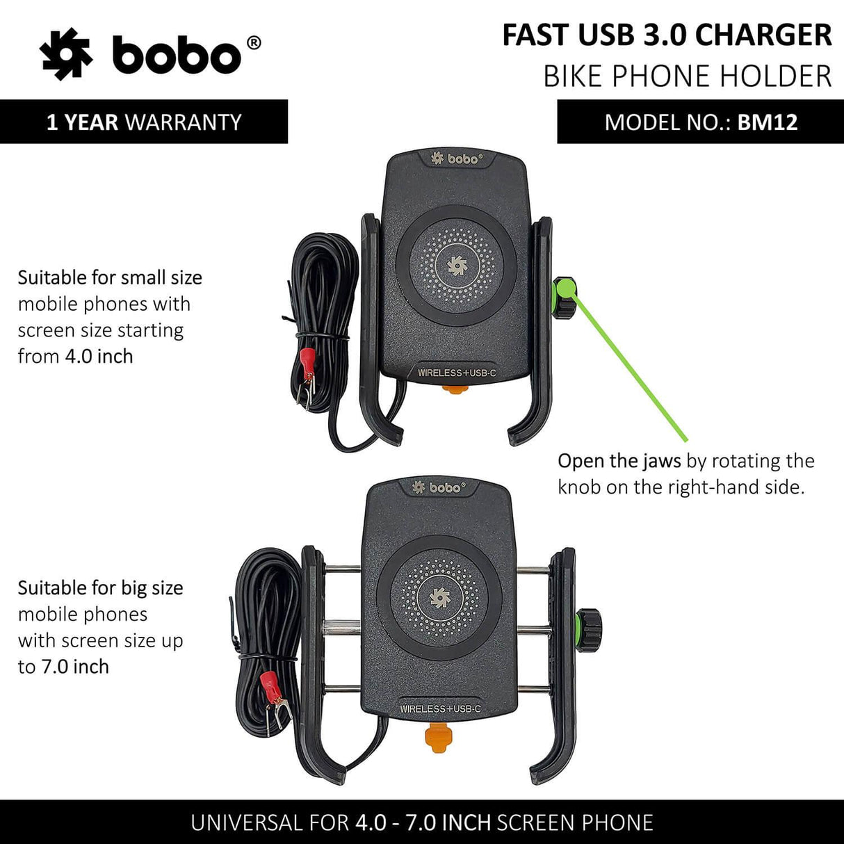 BOBO BM12 Bike Phone Holder (with Fast 15W Wireless Charger & USB-C Input/Output Port) Motorcycle Mobile Mount - Moto Modz