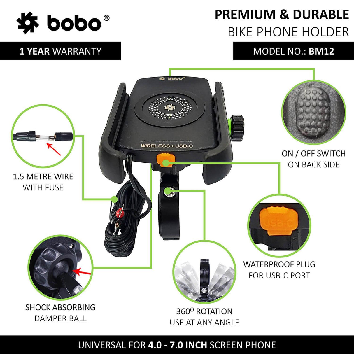 BOBO BM12 Bike Phone Holder (with Fast 15W Wireless Charger & USB-C Input/Output Port) Motorcycle Mobile Mount - Moto Modz