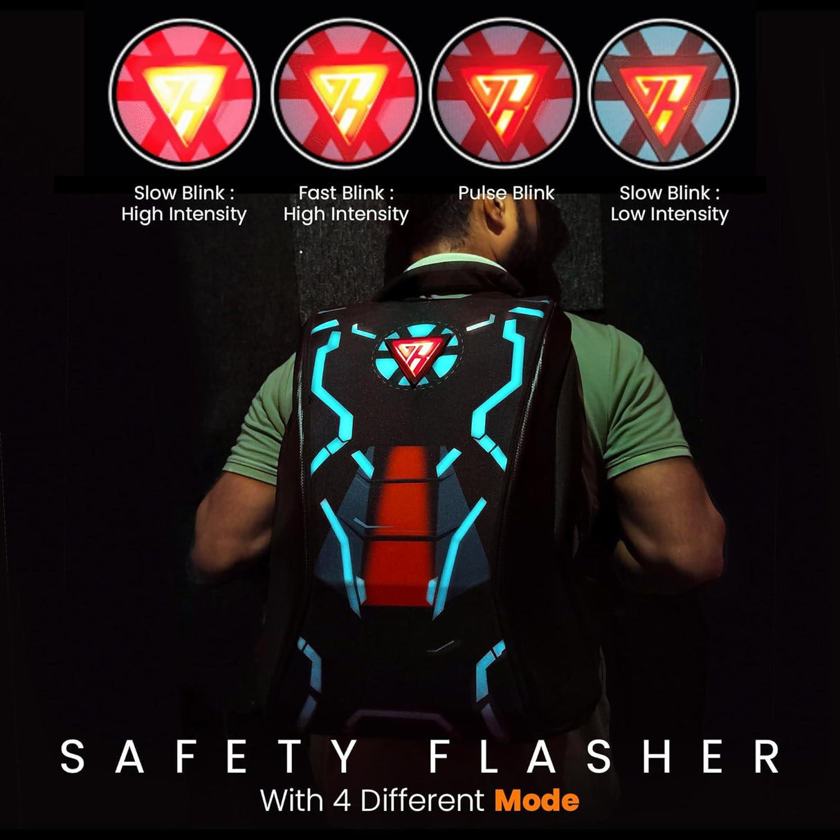 GRAND PITSTOP GRPack Night Wing Anti Theft Backpack With safety flashers for 15.6 inch Laptop Compartment, Light Weight, Quick Access Pockets, Water Resistant Multifunctional Backpack 25 L - Moto Modz