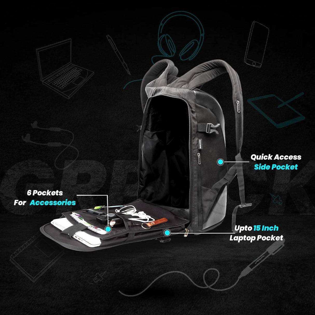 GRAND PITSTOP GRPack Night Wing Anti Theft Backpack With safety flashers for 15.6 inch Laptop Compartment, Light Weight, Quick Access Pockets, Water Resistant Multifunctional Backpack 25 L - Moto Modz