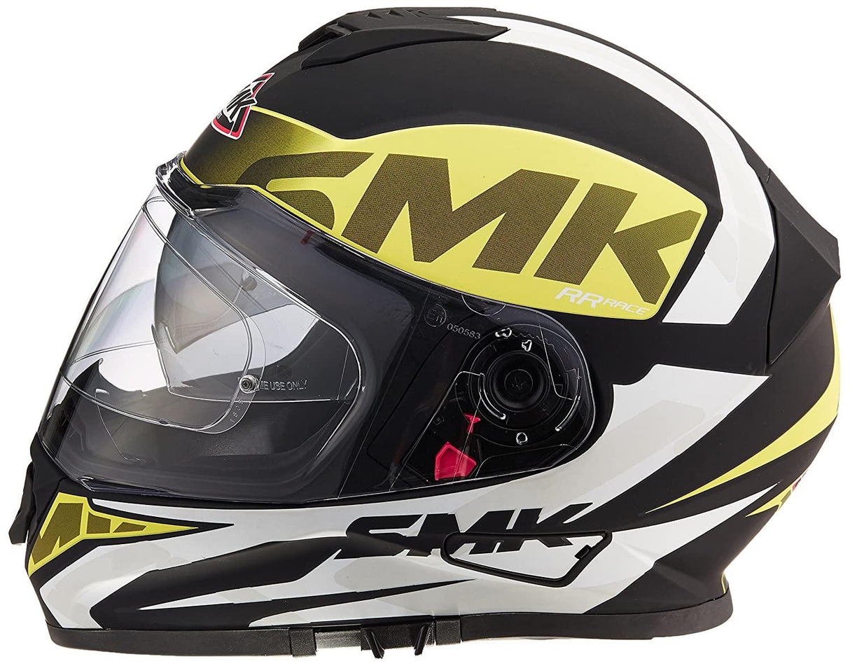 SMK HELMET -  Twister Logo Full Face Helmet With Pinlock Fitted Clear Visor (MA241/Matt Black, Fluorescent Yellow and White,) - Moto Modz