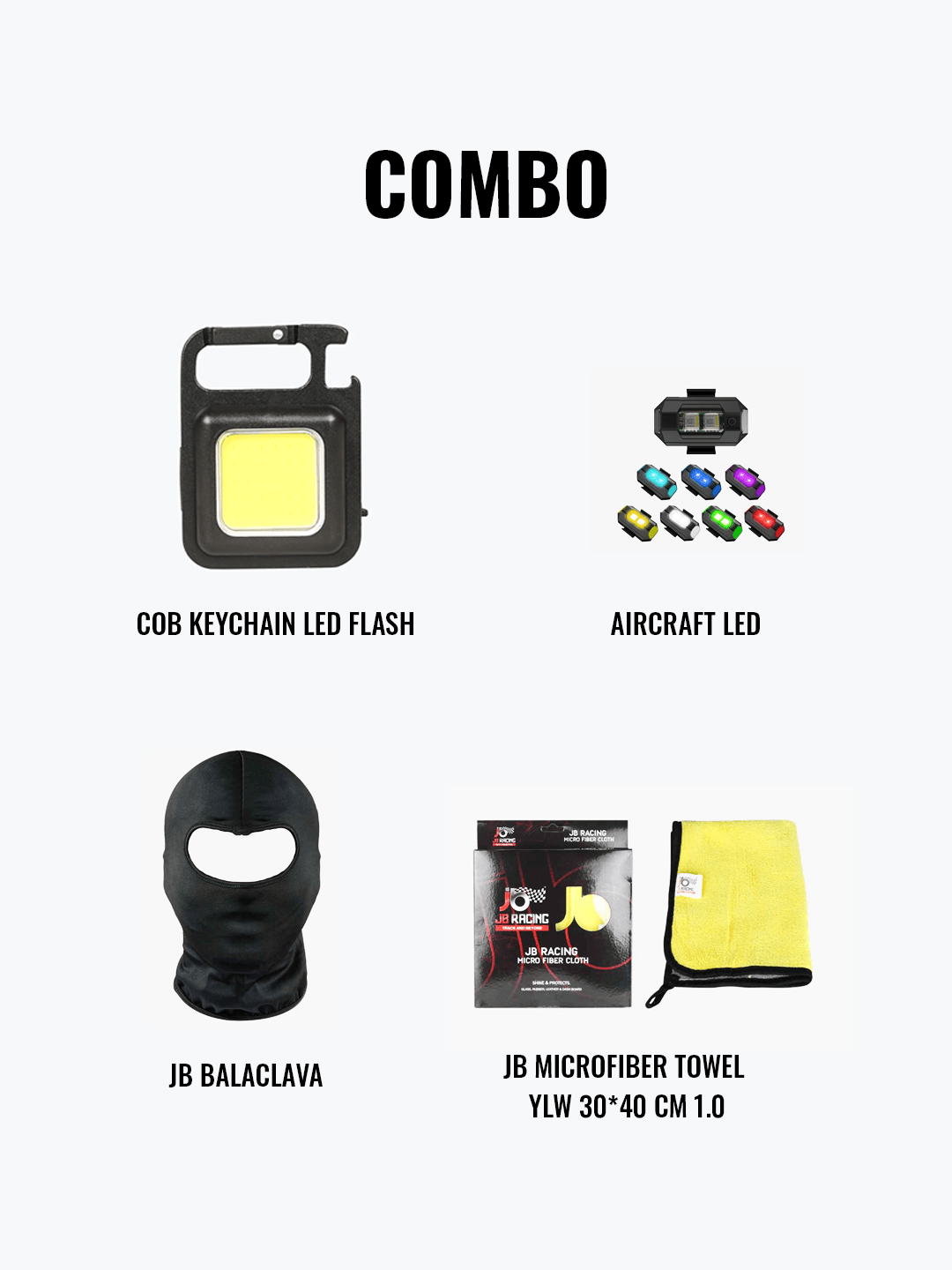 UNIVERSAL COMBO - AIRCRAFT LED + COB KEY CHAIN + JB BALACLAVA + JB MICROFIBER TOWEL 30*40 CM - Moto Modz